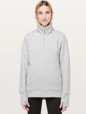 LULULEMON Forever Warm GRAY QUILTED 1/4 ZIP LONG SLEEVE PULLOVER SWEATER Sz 10
